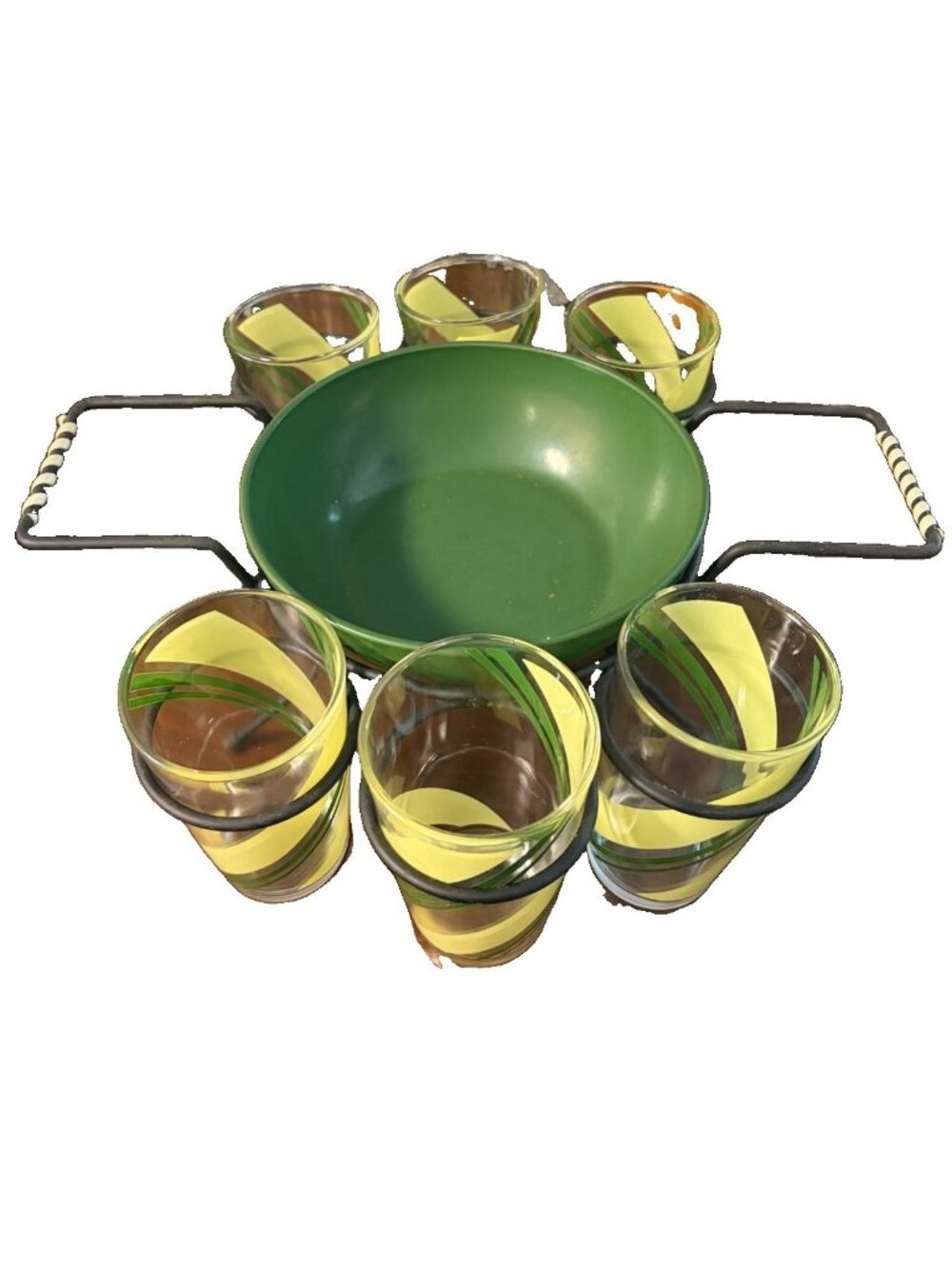 Vintage MCM Hostess Caddy Set 6 Glass Tumblers Bowl Green Yellow Atomic Barware